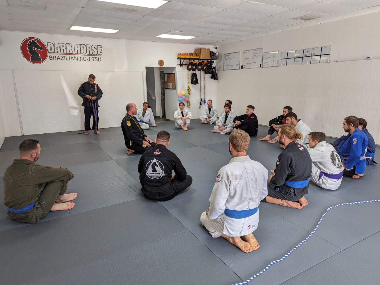 Advanced Jiu-jitsu class at Dark Horse, people sitting and listening to the professor’s instructions